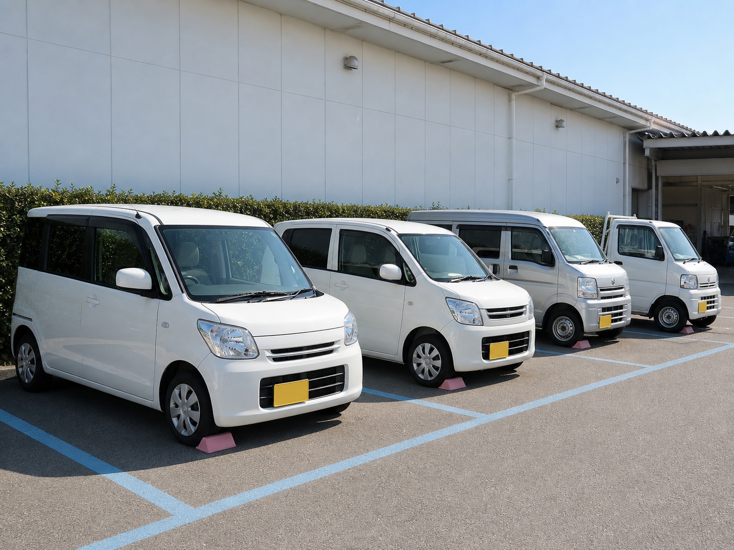 工場の駐車スペースに並んだ貸出用の軽自動車と軽トラック